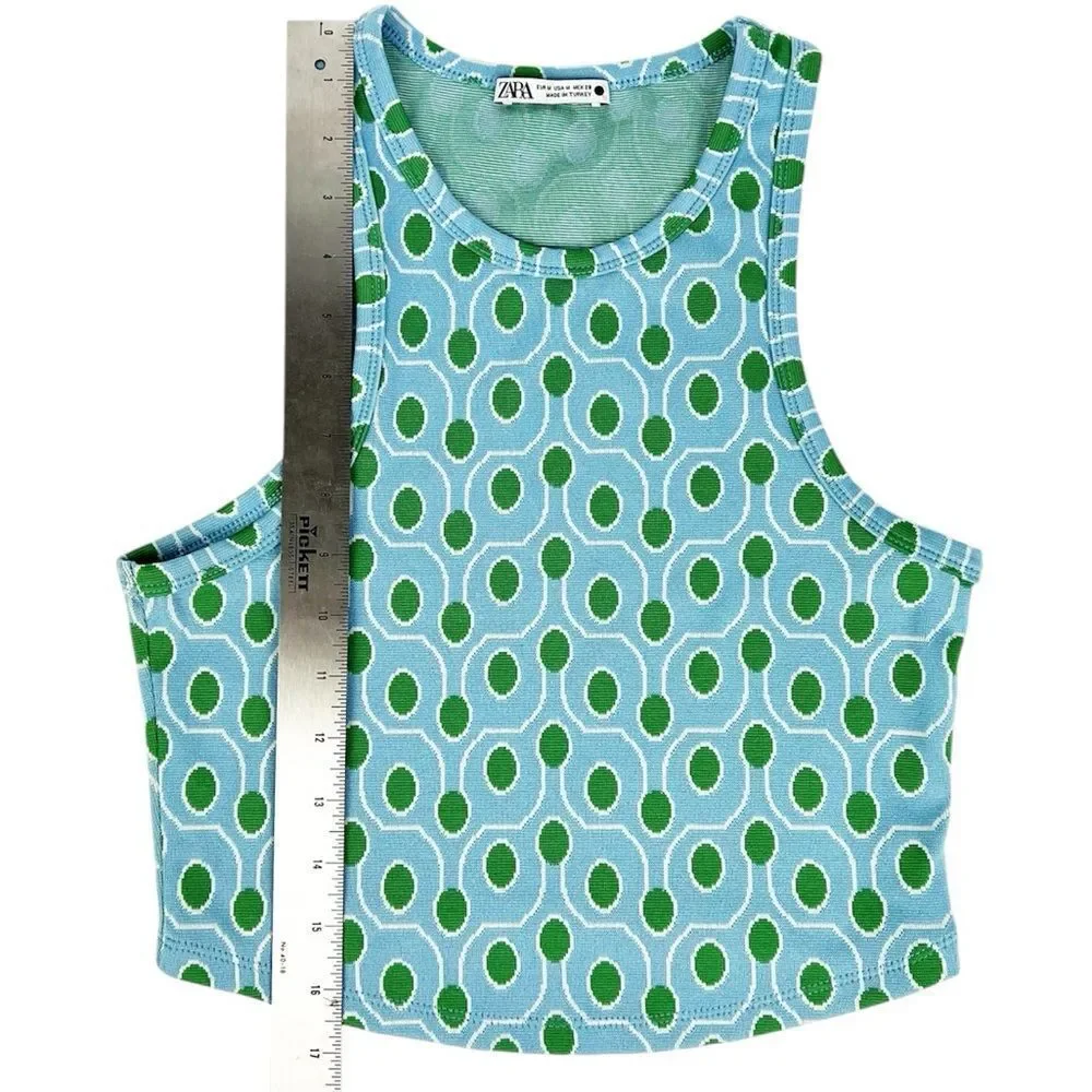 Zara Light Blue Green Dot‎ Heavy Knit Sleeveless Crop Top Tank Size Medium